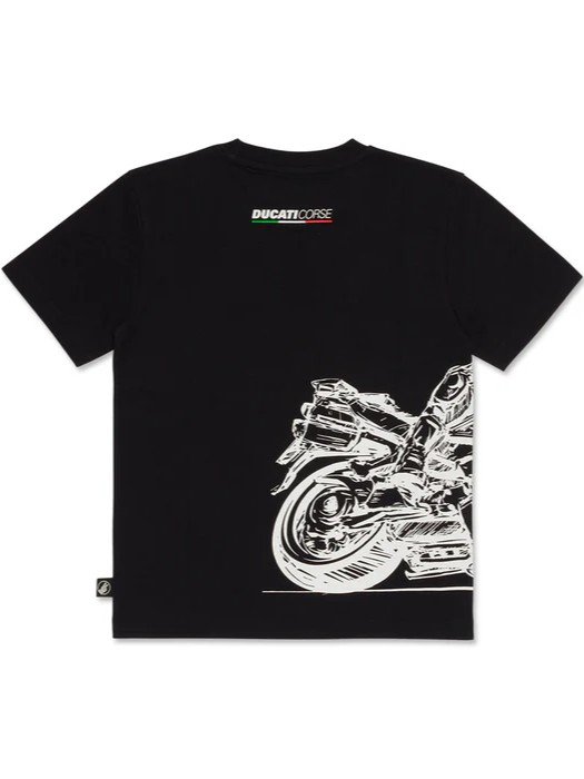 Camiseta negra Ducati Corse con motocicleta blanca para niño